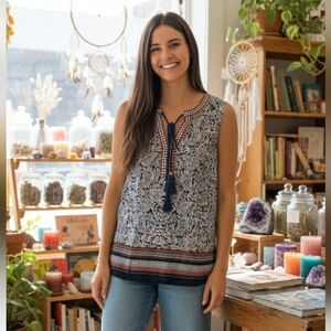 Bohemian Floral Sleeveless Tie Neck Top